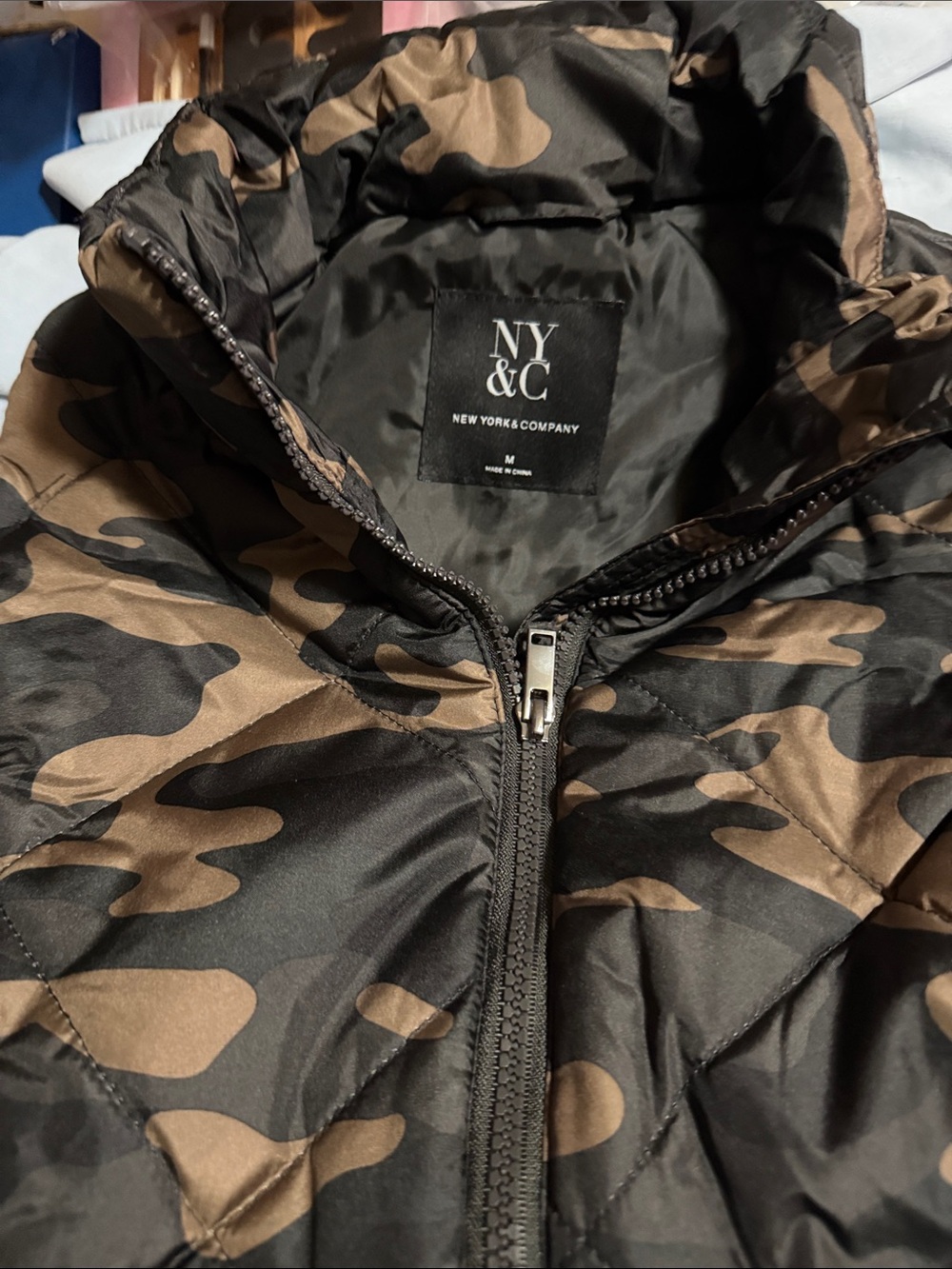 New York & Company Black and Brown Camouflage Quilted Puffer Vest